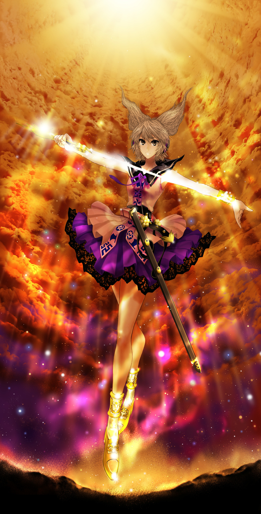 absurdres belt blouse brown_eyes brown_hair cloud cloudy_sky earmuffs floating frills full_body glowing glowing_sword glowing_weapon high_heels highres light_particles light_rays looking_at_viewer neck_ribbon orange_sky ribbon scabbard sheath short_hair skirt sky smile solo sun sword touhou toyosatomimi_no_miko umami_(sakeikura) weapon wristband