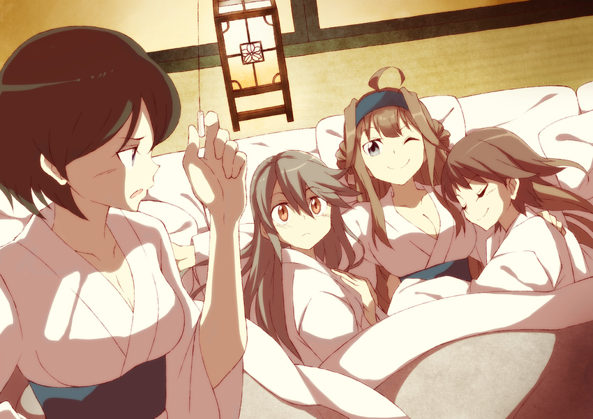 ;) ahoge black_hair blue_eyes breasts brown_eyes brown_hair cleavage closed_eyes girl_sandwich hair_between_eyes hairband haruna_(kantai_collection) hiei_(kantai_collection) japanese_clothes kantai_collection kimono kirishima_(kantai_collection) kongou_(kantai_collection) lantern large_breasts long_hair md5_mismatch multiple_girls no_eyewear one_eye_closed pillow revision sandwiched sash short_hair smile souji