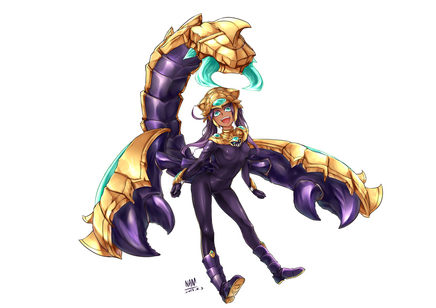 :d aqua_eyes armor bodysuit bracer breasts clenched_hands dark_skin dated full_body gem genderswap genderswap_(mtf) greaves happy highres league_of_legends leaning_forward long_hair looking_at_viewer monster_girl multiple_arms nam_(valckiry) open_mouth pauldrons personification pincers purple_hair scorpion_girl scorpion_tail signature simple_background skarner small_breasts smile tail twintails white_background