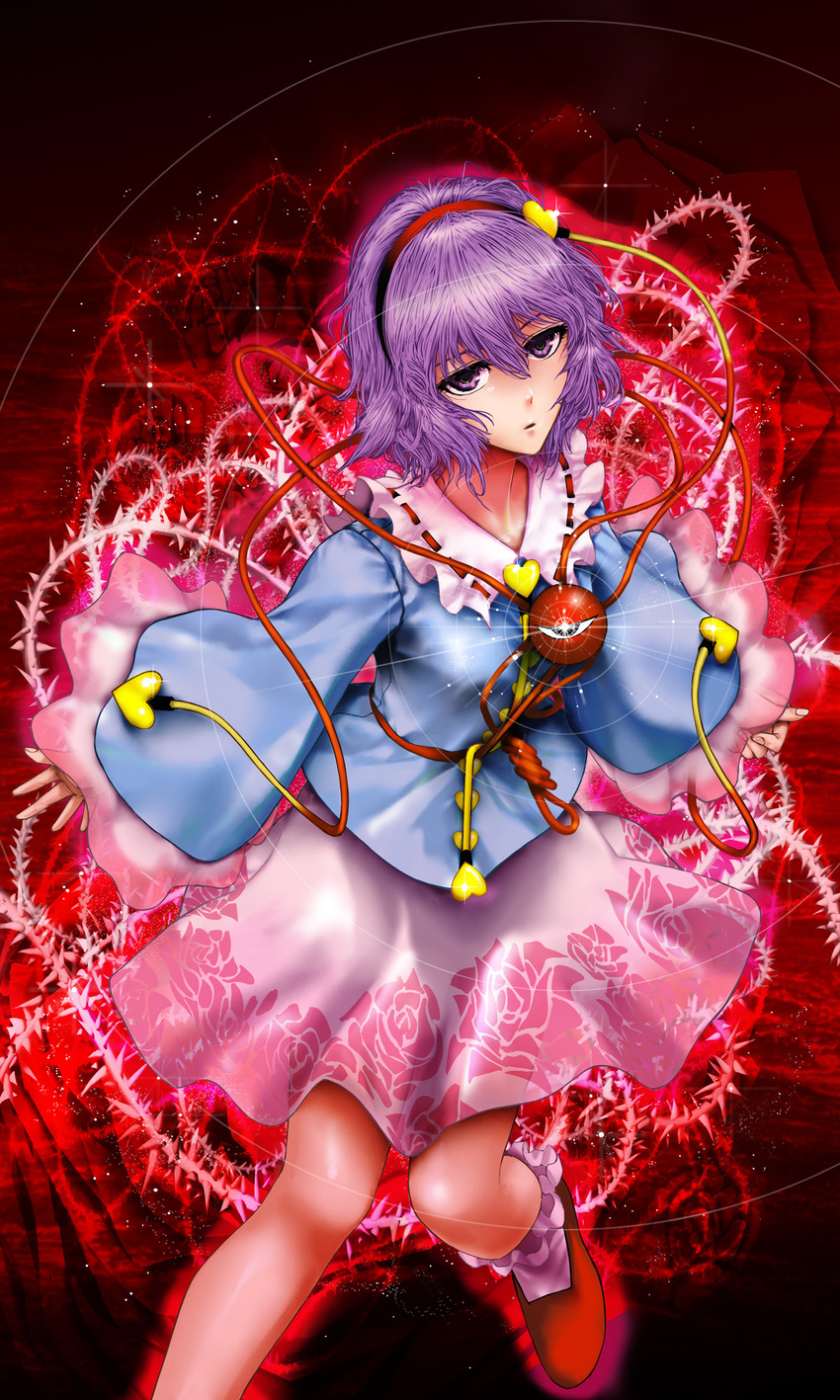 blouse expressionless floral_print flower glint hairband heart highres jumping komeiji_satori looking_at_viewer open_mouth purple_eyes purple_hair rose shoes short_hair skirt socks solo third_eye thorns touhou umami_(sakeikura) wide_sleeves