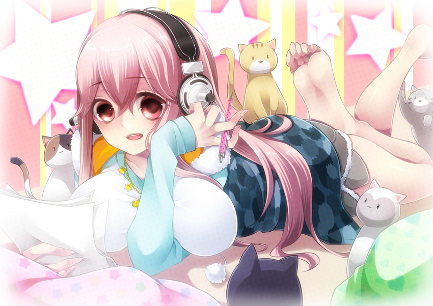 absurdres barefoot blush breasts cat headphones highres large_breasts long_hair nitroplus open_mouth pink_hair red_eyes smile solo super_sonico takamiya_ren