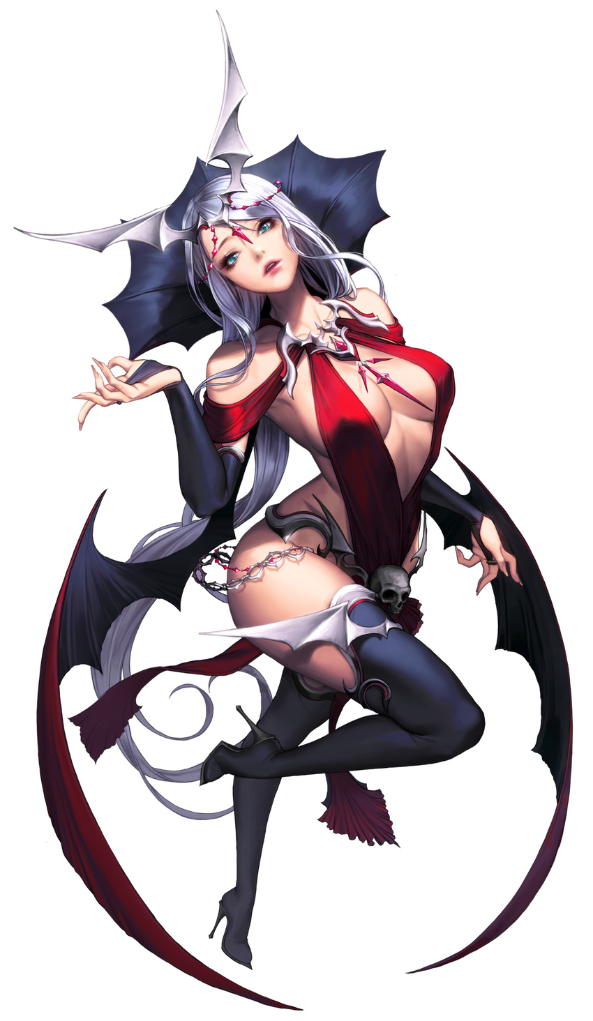 alternate_costume aqua_eyes bare_shoulders black_footwear black_legwear boots breasts bridal_gauntlets chaos_online demon_wings full_body head_tilt high_heels highres large_breasts long_hair looking_at_viewer love_cacao nivas official_art parted_lips skull solo thigh_boots thighhighs transparent_background very_long_hair white_hair wings
