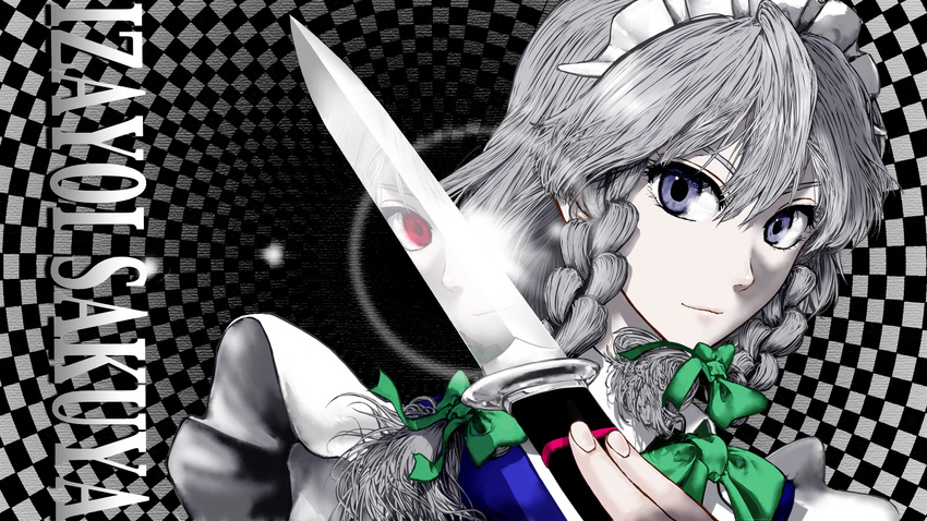 blue_eyes bow braid character_name checkered checkered_background closed_mouth different_reflection glint hair_bow highres izayoi_sakuya knife long_hair looking_at_viewer maid_headdress neck_ribbon portrait red_eyes reflection ribbon silver_hair smile solo touhou twin_braids umami_(sakeikura)