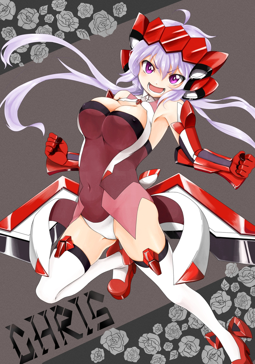 ahoge armpits bare_shoulders bodysuit bracer breasts cameltoe character_name cleavage clothed_navel female full_body gloves grin highres jumping kirikirimai_(kkm) large_breasts lavender_hair long_hair open_mouth purple_eyes senki_zesshou_symphogear shoes smile solo teeth thighhighs twintails yukine_chris