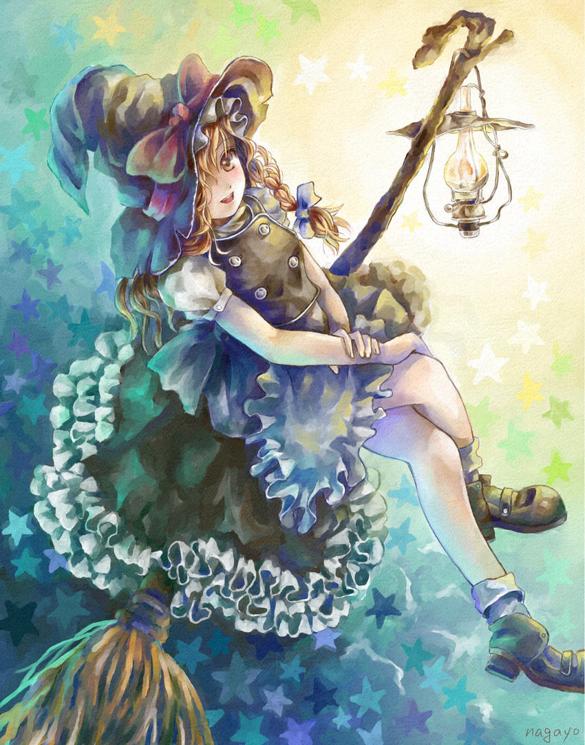 ankle_boots ankle_socks apron bad_id bad_pixiv_id bare_legs blonde_hair boots braid broom broom_riding crossed_legs frilled_skirt frills gradient gradient_background hair_ribbon hat hat_over_one_eye highres holding_arm kirisame_marisa lantern long_hair looking_at_viewer nagayo open_mouth puffy_short_sleeves puffy_sleeves revision ribbon short_sleeves single_braid skirt skirt_set solo star starry_background touhou tress_ribbon waist_apron witch_hat yellow_eyes