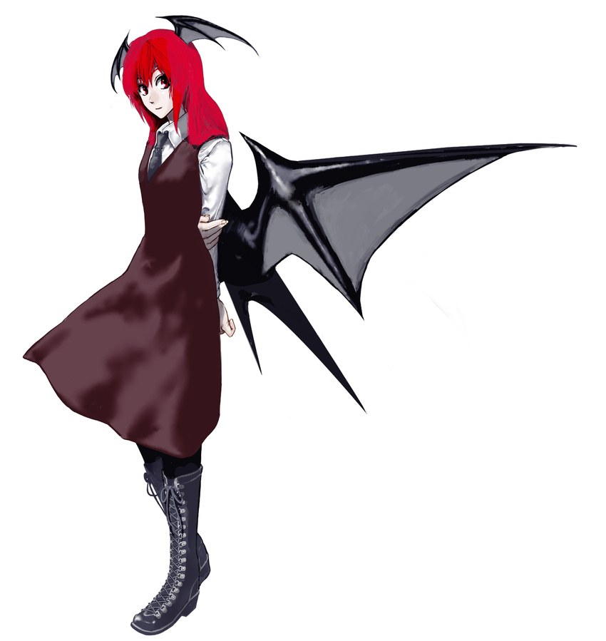 arms_behind_back boots collared_shirt cross-laced_footwear demon_wings dress dress_shirt full_body head_wings highres koakuma large_wings light_smile long_hair long_sleeves looking_at_viewer low_wings necktie red_eyes red_hair shirt simple_background solo standing touhou umami_(sakeikura) white_background white_shirt wings