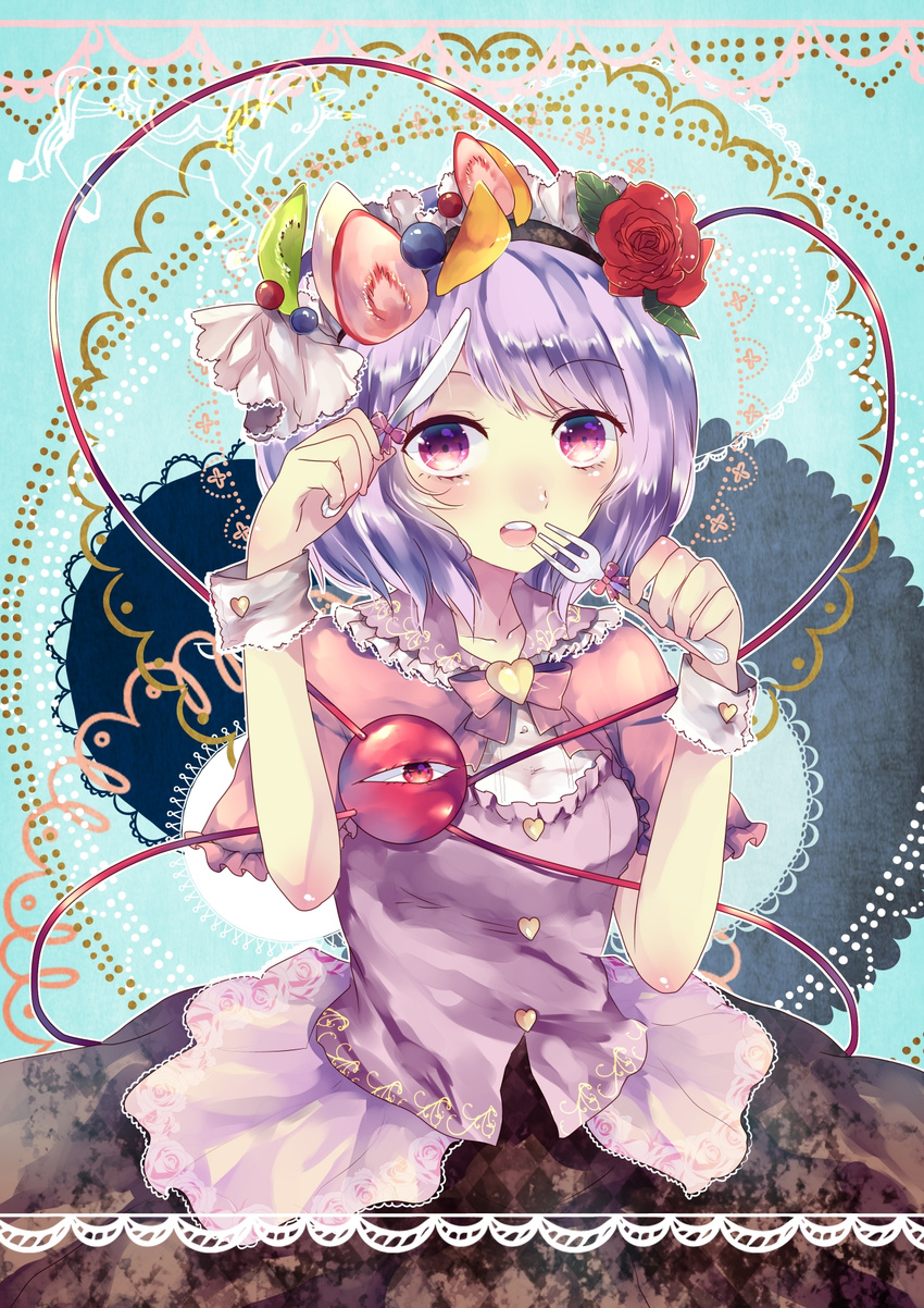 alternate_costume bad_id bad_pixiv_id capelet flower food fork fruit ginzuki_ringo hair_flower hair_ornament highres kiwifruit knife komeiji_satori maid_headdress open_mouth purple_eyes purple_hair red_flower red_rose rose shirt skirt solo strawberry third_eye touhou vest wrist_cuffs