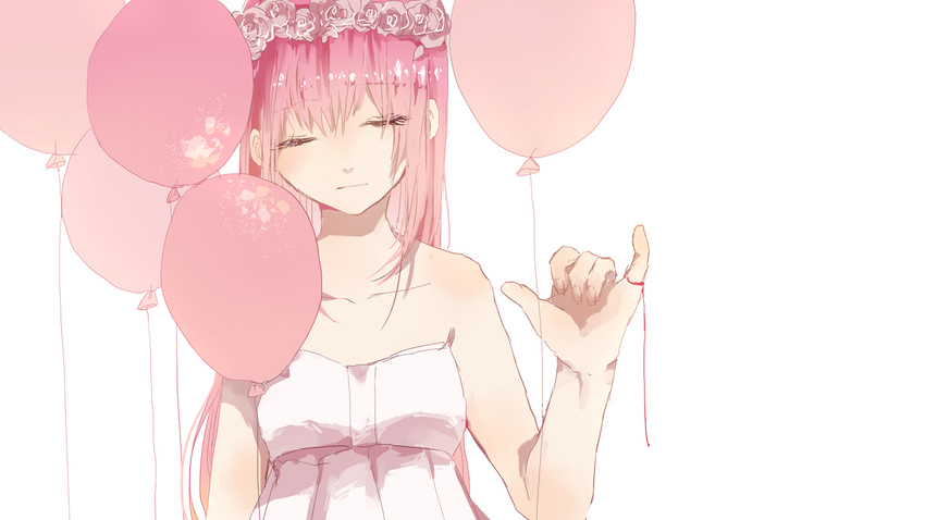 bad_id bad_pixiv_id balloon bare_shoulders closed_eyes commentary danjou_sora dress flower head_wreath just_be_friends_(vocaloid) long_hair megurine_luka pink_hair pinky_out red_string rose simple_background solo strapless strapless_dress string string_around_finger vocaloid white_background white_dress white_flower white_rose