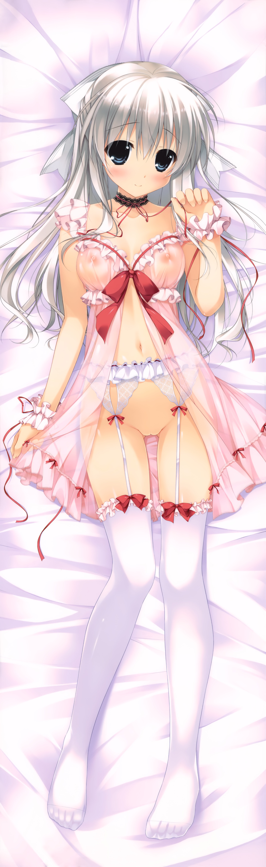 absurdres ass_visible_through_thighs babydoll bed_sheet blue_eyes blush bottomless breasts chikotam choker covered_nipples dakimakura eyebrows_visible_through_hair forearm_at_chest from_above full_body garter_belt grey_hair hair_ribbon half_updo highres huge_filesize koiiro_marriage looking_at_viewer luriastis_t_mikuriya lying nipples no_bra no_panties no_shoes on_back pink_babydoll pussy ribbon see-through small_breasts smile solo thighhighs toes white_legwear wrist_cuffs
