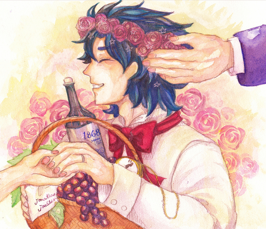 alcohol basket blue_hair bow clock flower flower_wreath food fruit grapes head_wreath highres hoyujou_hikage jewelry jojo_no_kimyou_na_bouken jonathan_joestar male_focus out_of_frame putting_on_headwear ring solo_focus wine