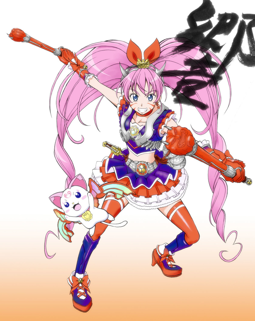 alternate_color alternate_costume belt blue_eyes cat choker crossover cure_melody highres horns houjou_hibiki hummy_(suite_precure) kamen_rider kamen_rider_hibiki kamen_rider_hibiki_(series) kijinaka_mahiro marking_on_cheek namesake parody pink_hair precure red_choker suite_precure taiko_sticks