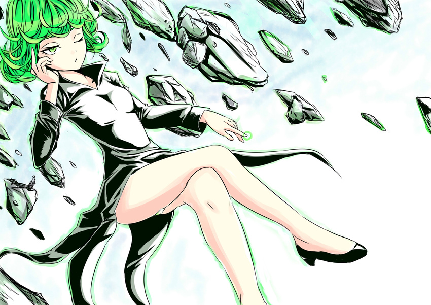 1girl absurdres bare_legs curly_hair dress flying green_eyes green_hair highres impossible_clothes impossible_dress long_sleeves one-punch_man onepunch-man panties pantyshot psychic shoes sky superhero tatsumaki underwear