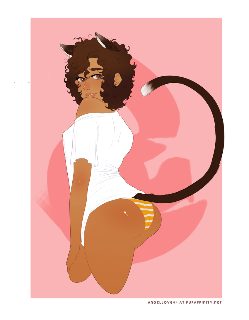 angellove44 brown_eyes butt clothing curly_hair dark_skin feline female hair hybrid mammal panties shirt striped_panties underwear