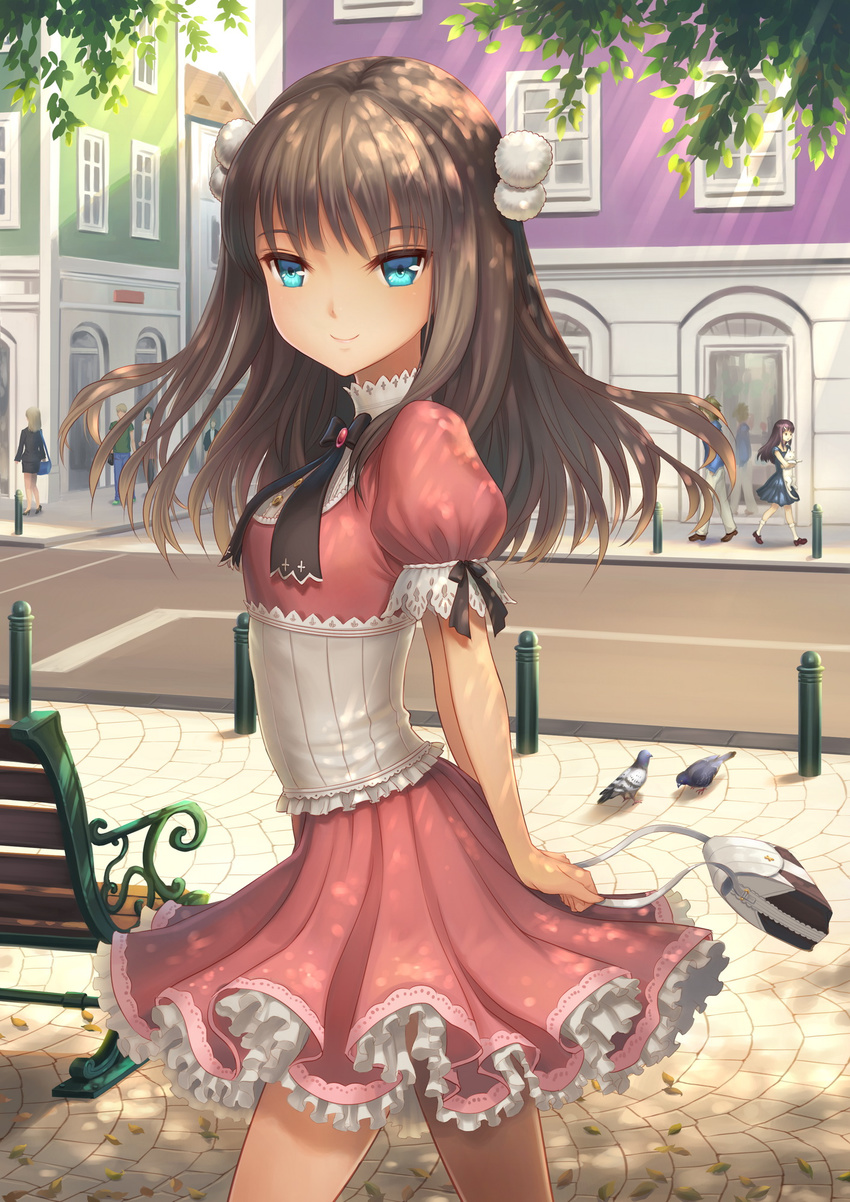 aqua_eyes arms_behind_back bag bangs bench bird bow bowtie brown_hair building cat city corset day dress frilled_dress frills from_side handbag high_collar highres holding holding_bag lan_xing_luren long_hair looking_at_viewer original outdoors park_bench pavement pigeon pink_dress pom_pom_(clothes) puffy_short_sleeves puffy_sleeves road sett shade short_sleeves smile solo_focus street sunlight walking