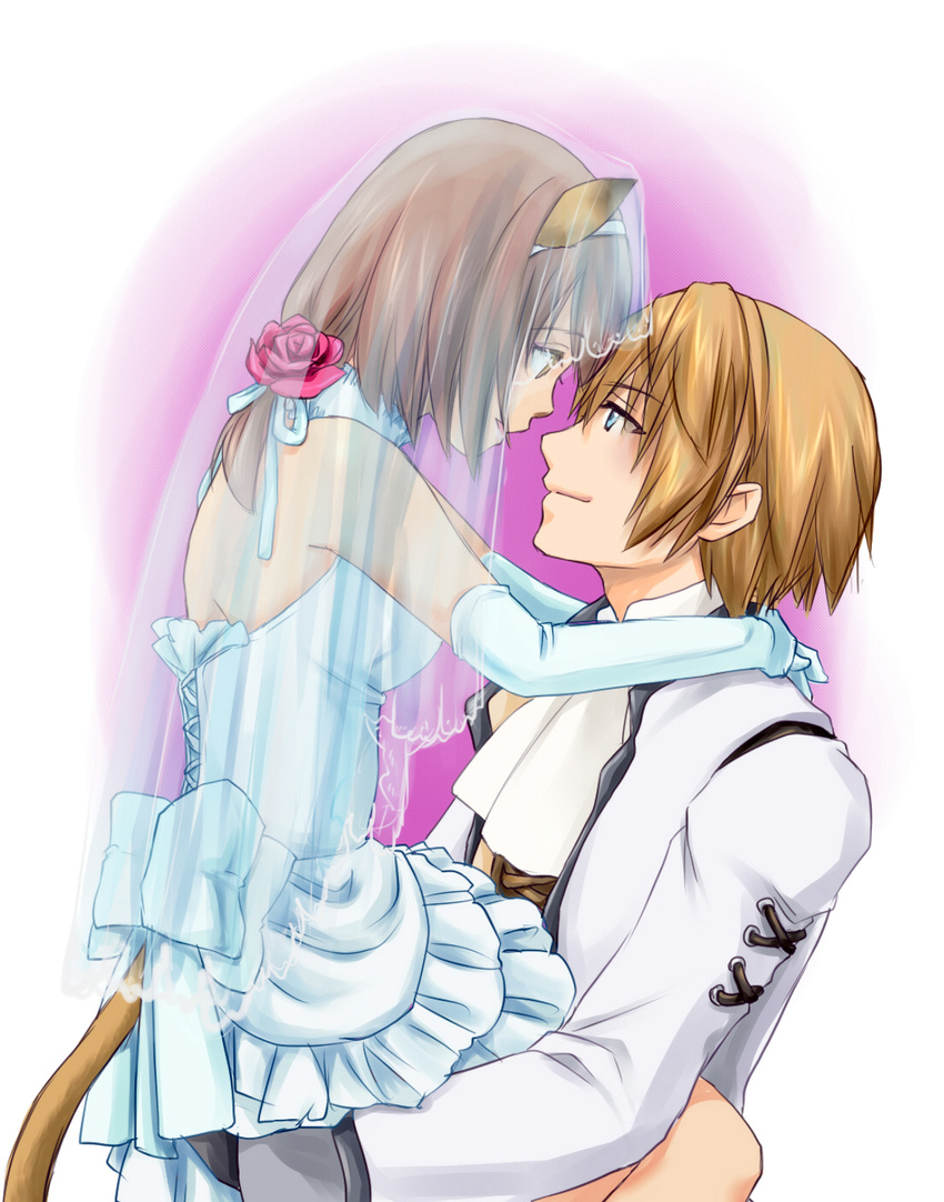 1girl animal_ears arms_around_neck bare_shoulders blue_dress blue_eyes blue_wedding_dress bow brown_eyes brown_hair couple detached_collar dress elbow_gloves final_fantasy final_fantasy_xi gloves hair_bow hairband hetero highres holding hume looking_at_another low_ponytail mithra open_mouth sakutsuki short_hair smile tail veil wedding_dress