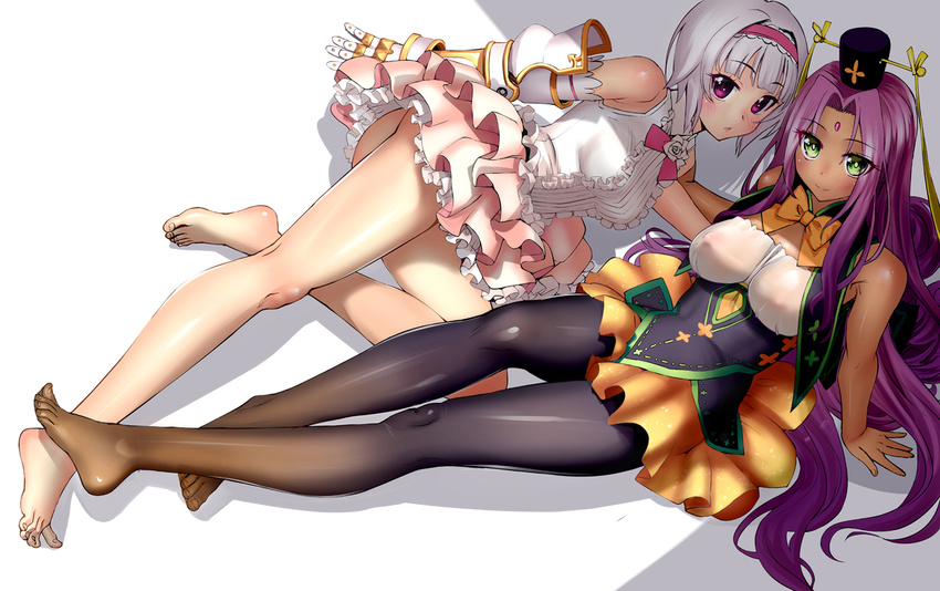 arm_support ass barefoot black_legwear breasts dress facial_mark feet flower_knight_girl forehead_mark green_eyes hair_intakes hairband hat kinmokusei_(flower_knight_girl) large_breasts long_hair looking_at_viewer lying medium_breasts multiple_girls no_shoes on_back pantyhose pink_eyes purple_hair royal_princess_(flower_knight_girl) sasayuki see-through short_hair silver_hair sleeveless toes
