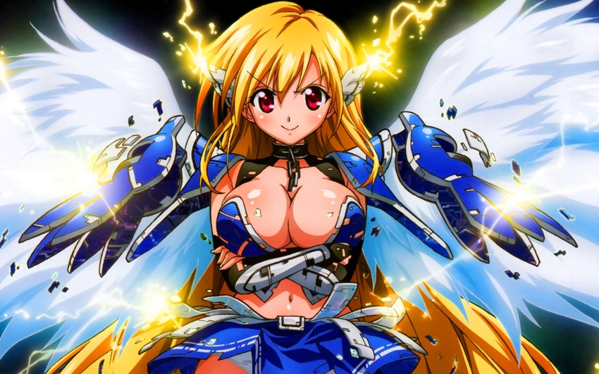 astraea blonde_hair breasts cleavage electricity large_breasts long_hair official_art red_eyes smile sora_no_otoshimono