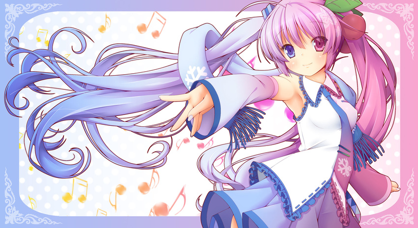 armpits beamed_eighth_notes beamed_sixteenth_notes blue_eyes blue_hair detached_sleeves eighth_note floating_hair fusion gradient_hair hatsune_miku highres long_hair multicolored_hair musical_note necktie outstretched_arm pink_eyes pink_hair sakura_miku scarf skirt snowflakes solo twintails very_long_hair vocaloid yuki_miku yuzuki_kei