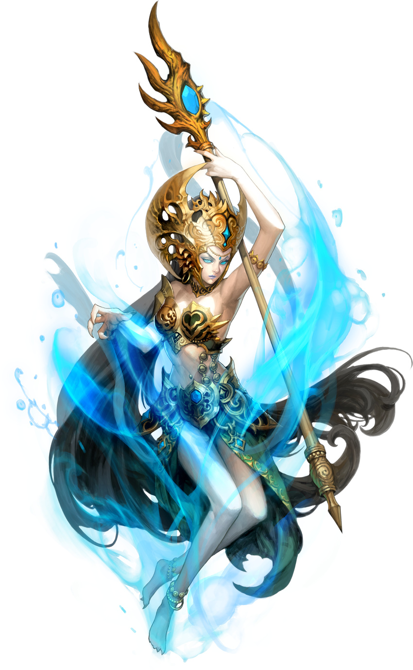 absurdly_long_hair alpha_transparency anklet arm_up armpits artist_request barefoot blue_eyes blue_sclera chaos_online full_body highres jewelry long_hair looking_at_viewer official_art purple_lips rorokidul solo staff transparent_background very_long_hair