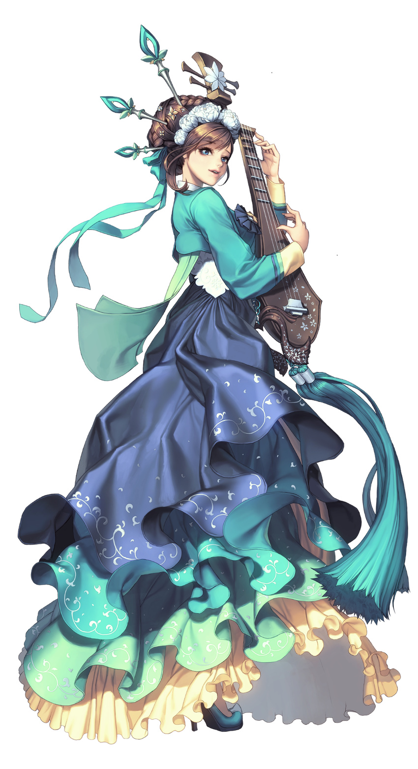 blue_eyes brown_hair chaos_online full_body hair_ornament high_heels highres instrument love_cacao lute_(instrument) mayreel official_art parted_lips solo transparent_background