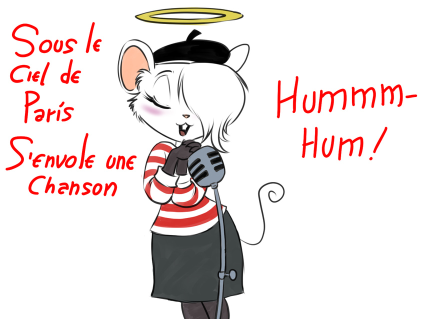 albino beatriz_overseer beret blush chochi clothed clothing cute dead eyes_closed female french french_text fur halo hat mammal microphone mouse rodent solo text white_fur