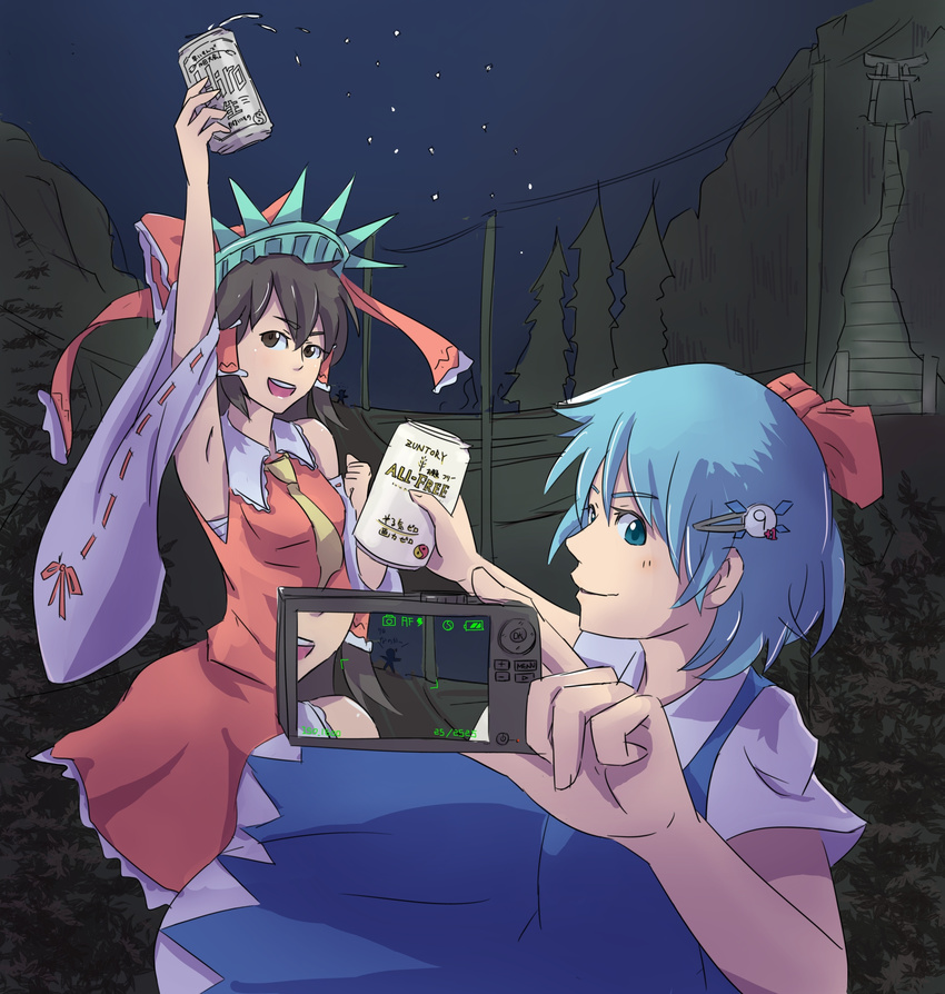 3girls :d absurdres alcohol armpits beer beer_can blue_eyes blue_hair blush brand_name_imitation brown_eyes brown_hair camera can cirno cosplay detached_sleeves digital_camera dress hair_ornament hairclip hakurei_reimu highres is_that_so long_hair mirakona_gonzaless multiple_girls necktie open_mouth pose ribbon-trimmed_sleeves ribbon_trim rumia sarashi short_hair skirt skirt_set smile statue_of_liberty statue_of_liberty_(cosplay) touhou translated vest yin_yang