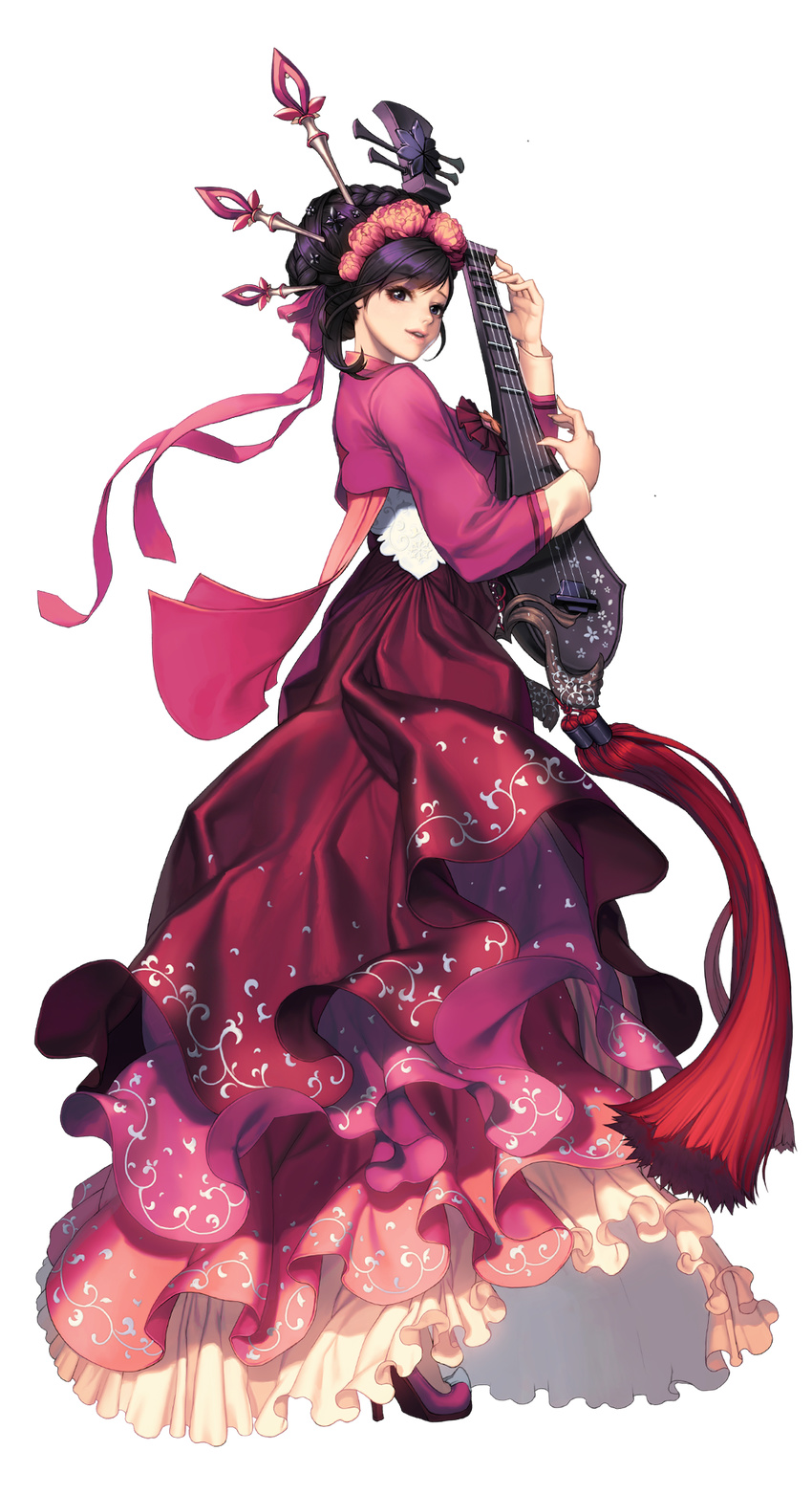 chaos_online full_body hair_ornament high_heels highres instrument love_cacao lute_(instrument) mayreel official_art parted_lips purple_eyes purple_hair solo transparent_background