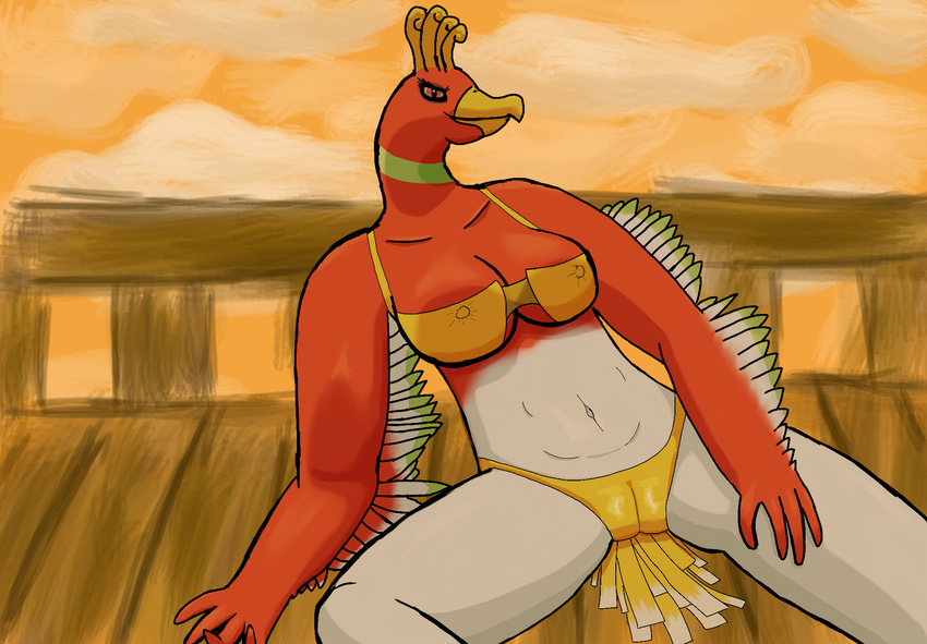 4_fingers anthro anthrofied avian big_breasts bra breasts camel_toe clothing feathers female ho-oh legendary_pok&eacute;mon navel nintendo outside panties pok&eacute;mon simple_background smile solo spread_legs spreading tail_feathers underwear video_games