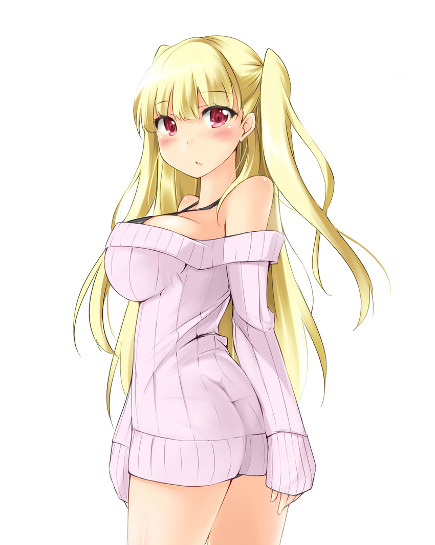 ass blonde_hair blush bra breasts highres kaminagi_(kaminagi-tei) large_breasts long_hair long_sleeves looking_at_viewer off_shoulder pantylines red_eyes ribbed_sweater solo sweater thighs tokyo_7th_sisters twintails uesugi_u_kyouko underwear
