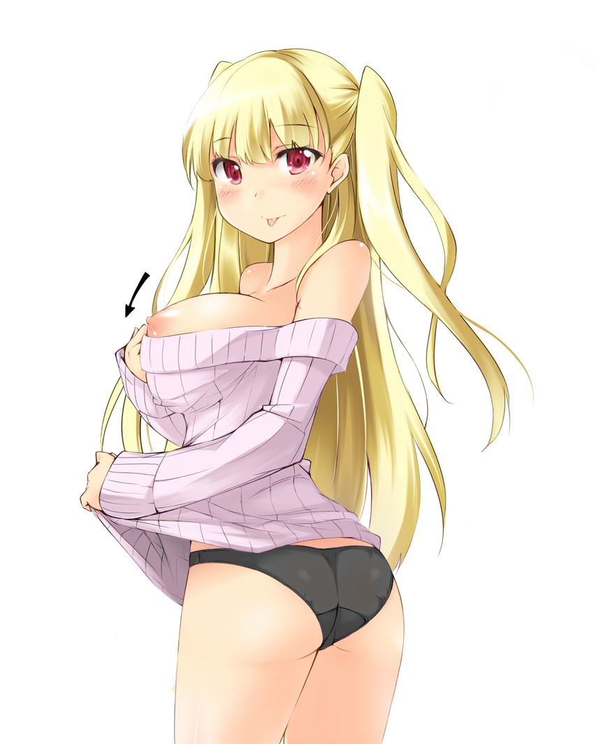 ass black_panties blonde_hair blush breasts clothes_lift clothes_pull highres kaminagi_(kaminagi-tei) large_breasts long_hair looking_at_viewer nipple_slip nipples off_shoulder panties red_eyes ribbed_sweater solo sweater sweater_lift sweater_pull teasing thighs tokyo_7th_sisters tongue tongue_out uesugi_u_kyouko underwear