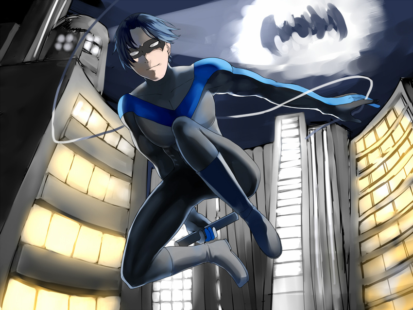 1boy batman_(series) bodysuit city dc_comics dick_grayson domino_mask escrima_stick mask night nightwing