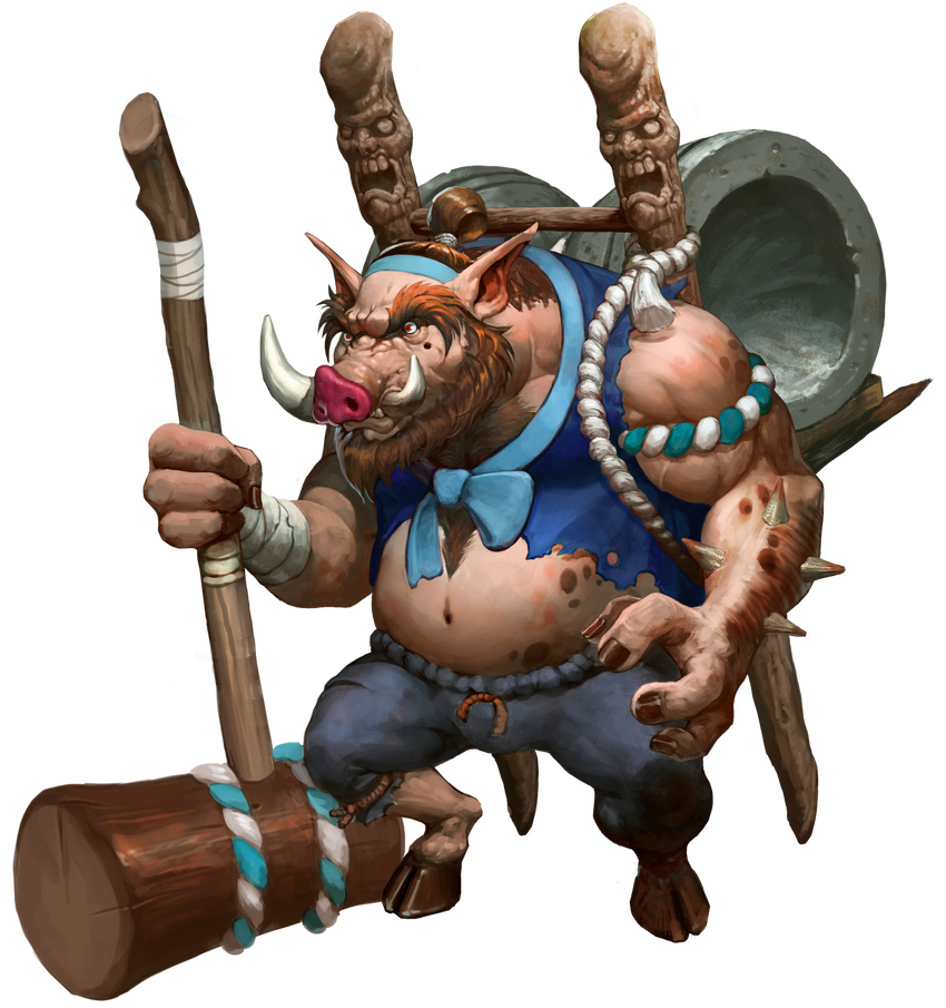 artist_request bandages beard chaos_online facial_hair full_body hammer highres hooves male_focus navel official_art pointy_ears red_eyes solo transparent_background tubalkein tusks warthog