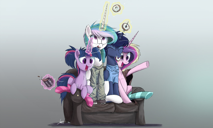 2015 clothing cup donuts equine female feral friendship_is_magic hair hoodie horn horse long_hair magic mammal multicolored_hair my_little_pony ncmares pony ponytail princess_cadance_(mlp) princess_celestia_(mlp) princess_luna_(mlp) purple_eyes purple_hair socks sofa twilight_sparkle_(mlp) winged_unicorn wings