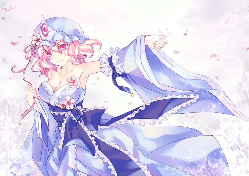adapted_costume armpits bad_id bad_pixiv_id bare_shoulders breasts cleavage detached_sleeves hat japanese_clothes kimono medium_breasts outstretched_arm petals pink_hair red_eyes saigyouji_yuyuko sanshirou short_hair skade smile solo touhou