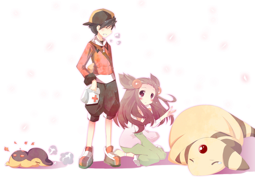 1girl alternate_costume ampharos backwards_hat baseball_cap black_hair blush brown_eyes brown_hair closed_eyes cyndaquil dirty dress fire flame gen_2_pokemon gold_(pokemon) grin gym_leader hair_ornament hat long_hair medicine mikan_(pokemon) no_fire plus9 pokemon pokemon_(creature) pokemon_(game) pokemon_hgss red_cross secret_potion sick smile tears two_side_up