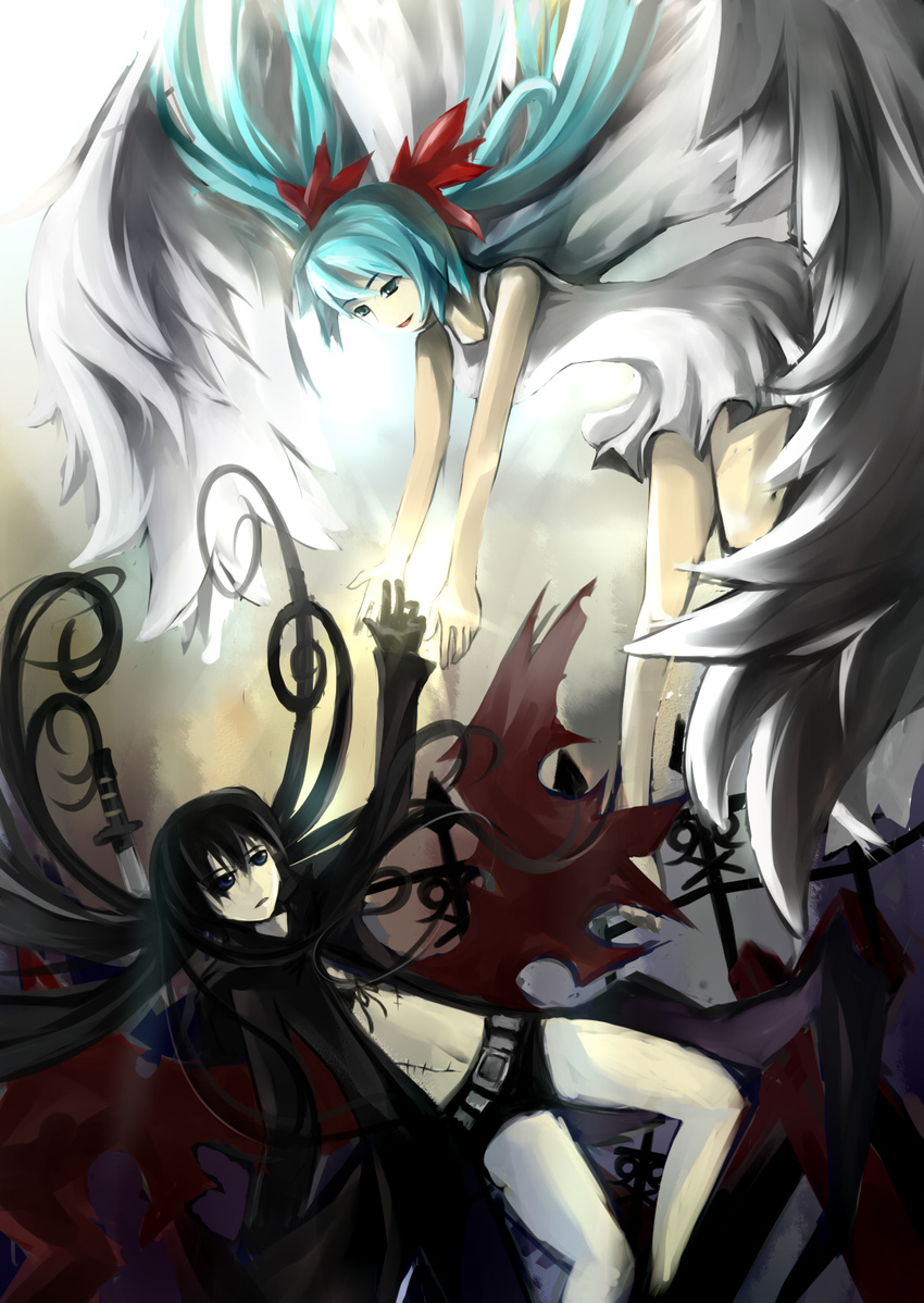 aqua_eyes aqua_hair black_rock_shooter black_rock_shooter_(character) blue_eyes coat flying hatsune_miku highres laughing long_hair multiple_girls ribbon scar shorts sword twintails uneven_twintails very_long_hair vocaloid weapon wings world_is_mine_(vocaloid) wy3259661