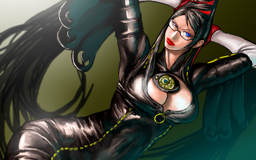 arms_behind_head arms_up bayonetta bayonetta_(character) blue_eyes bodysuit breasts cleavage cleavage_cutout dutch_angle eyeshadow glasses large_breasts lips lipstick makeup mole mole_under_mouth solo take_(draghignazzo) wallpaper