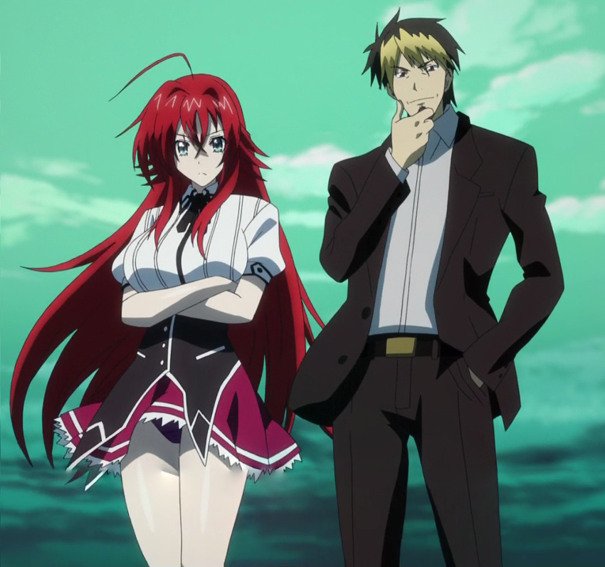 1boy 1girl azazel_(high_school_dxd) breasts high_school_dxd large_breasts long_hair miniskirt panties rias_gremory school_uniform screencap short_skirt skirt standing stitched underwear upskirt