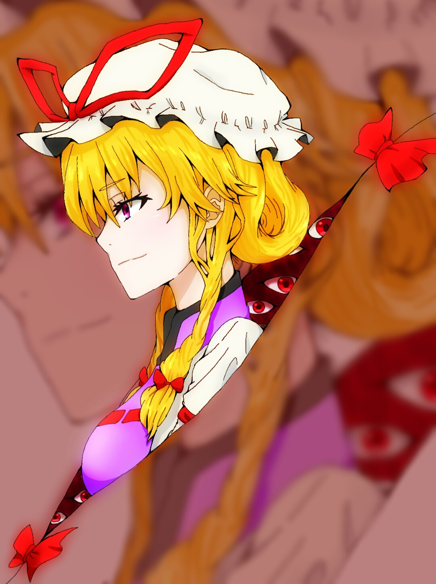 blonde_hair bow breasts cobalt dress ears eyebrows eyebrows_visible_through_hair eyelashes eyes gap hair_up hat hat_ribbon highres medium_breasts mob_cap neck nose profile purple_eyes red_eyes ribbon smile solo tabard touhou white_dress yakumo_yukari zoom_layer