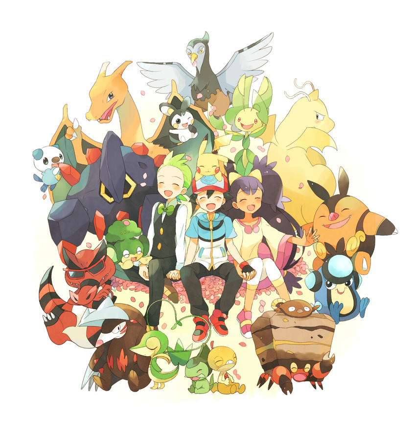 2boys :3 antennae armor axew baseball_cap beak bird black_eyes black_gloves black_hair black_pants blue_eyes blush boldore boulder bow bowtie brown_shoes charizard clam claws collar crossed_arms crustle crying dark_skin dent_(pokemon) dragonite ears edited emolga excadrill eyes_closed fangs female fingerless_gloves flower flying formal gloves green_eyes green_fur green_hair grey_eyes hand_holding happy hat heart highres hood hoodie horn iris_(pokemon) krookodile leaf leavanny leaves leggings long_hair male mei_(maysroom) multiple_boys nintendo open_mouth orange_fur oshawott palpitoad pansage pants petals pignite pikachu pink_shoes pink_skirt pocket pokemon pokemon_(anime) pokemon_(game) pokemon_bw ponytail purple_hair red_eyes red_hat red_shoes ribbon rock satoshi_(pokemon) scraggy seed serious shell shirt shoes shy simple_background sitting skirt sleeves smile sneakers snivy stunfisk sunglasses tail tears thumbs_up tongue unfezant very_long_hair vest vines white_background white_hat white_shirt wings wink yellow_eyes