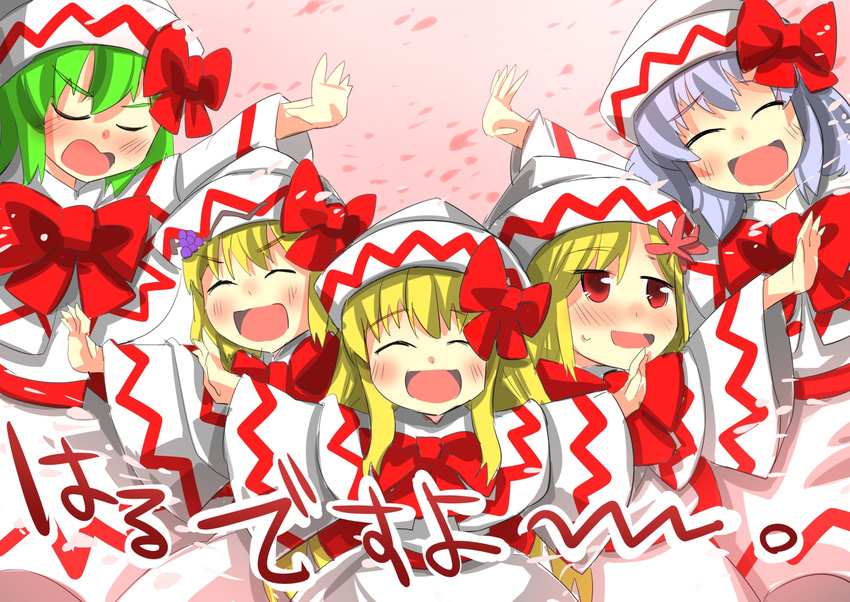 aki_minoriko aki_shizuha blonde_hair blush capelet cherry_blossoms cosplay gaoo_(frpjx283) green_hair hat hat_ribbon kazami_yuuka lavender_hair letty_whiterock lily_white lily_white_(cosplay) multiple_girls open_mouth outstretched_arms petals red_eyes ribbon smile touhou wide_sleeves