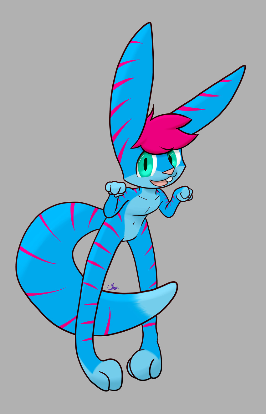 anthro blue_fur brian_cabbit_(character) cabbit cake_(artist) cat cuntboy feline fur girly hair hybrid intersex lagomorph looking_at_viewer mammal nude open_mouth pink_hair plain_background rabbit solo teal_eyes