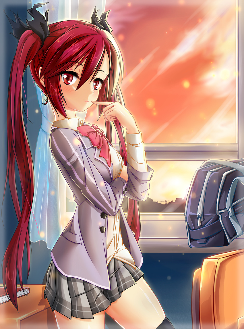 1girl absurdres bag book cloud cthugha_(nyaruko-san) fluegel haiyore!_nyaruko-san highres jacket long_hair looking_at_viewer pleated_skirt pointing_at_self red_eyes red_hair ribbon school_uniform shoulder_bag skirt sky solo standing sunset thighhighs twintails window