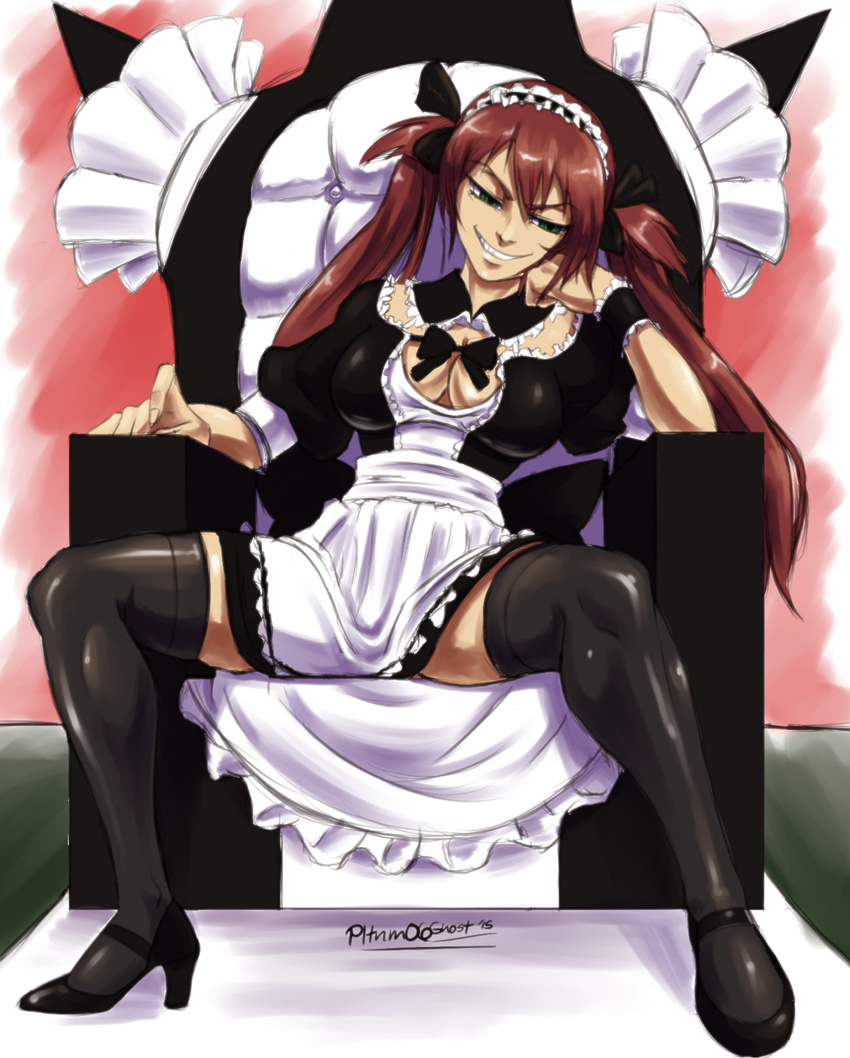 1girl airi_(queen's_blade) airi_(queen's_blade) breasts female green_eyes large_breasts long_hair maid queen's_blade queen's_blade red_hair sitting smile solo spread_legs thighhighs twintails