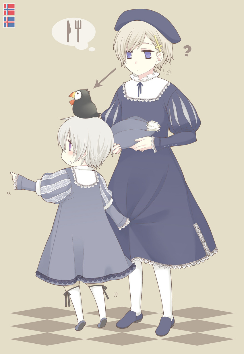 ? ahoge arrow axis_powers_hetalia bird blonde_hair blue_eyes child fork full_body hat hat_removed headwear_removed highres iceland_(hetalia) icelandic_flag knife male_focus multiple_boys norway_(hetalia) norwegian_flag puff_and_slash_sleeves puffin puffy_sleeves ribbon thought_bubble usapon54 younger