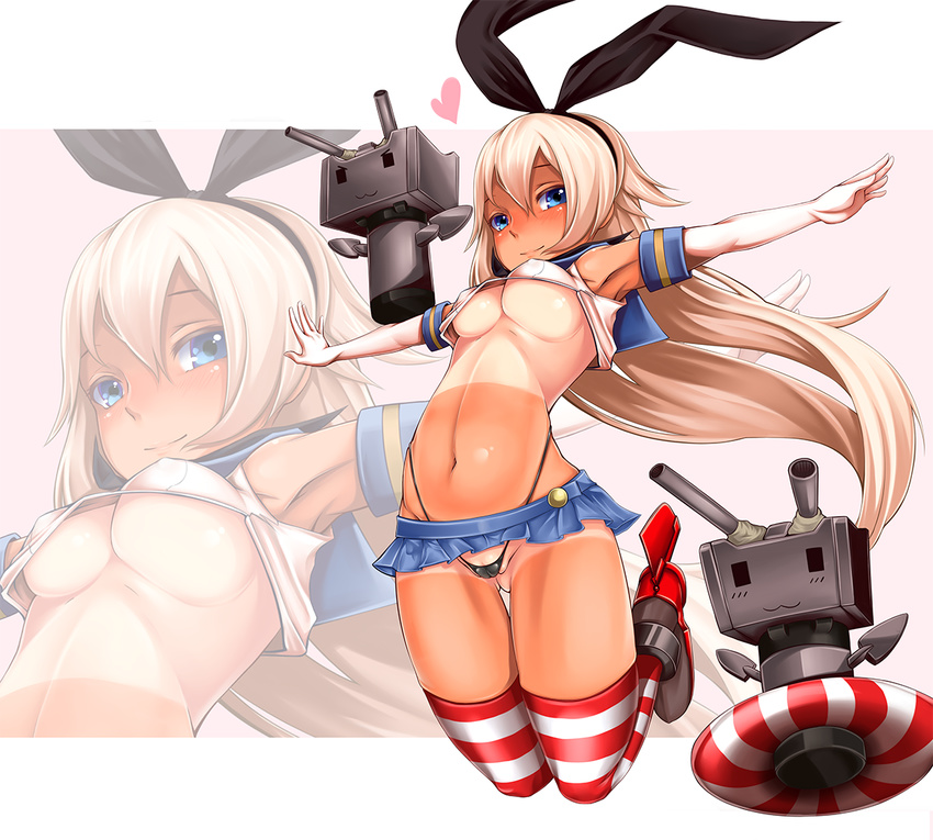 alternate_skin_color bad_id bad_pixiv_id blonde_hair blue_eyes breasts covered_nipples crop_top elbow_gloves gloves hairband kantai_collection long_hair outstretched_arms panties rensouhou-chan shimakaze_(kantai_collection) small_breasts striped striped_legwear tan tanline thighhighs traces underboob underwear zoom_layer
