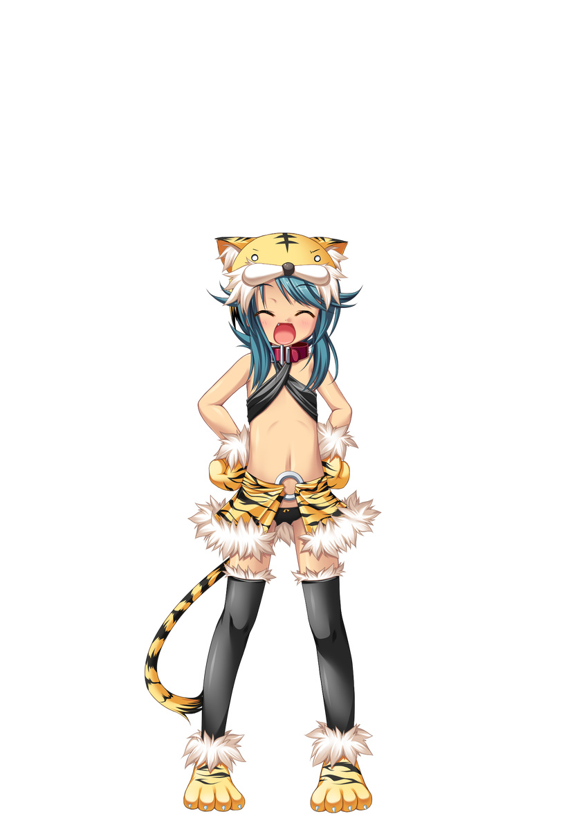 animal_ears bikini_top black_panties blue_hair closed_eyes collar fake_animal_ears fang flat_chest full_body gloves hands_on_hips hat highres koihime_musou kuwada_yuuki mike_(koihime_musou) navel open_mouth panties paw_gloves paw_shoes paws shoes short_hair skirt smile solo tail thighhighs transparent_background underwear