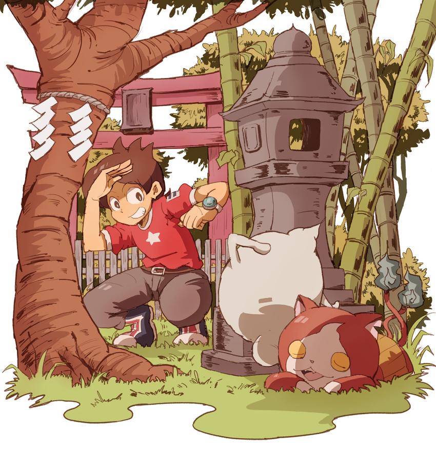 amano_keita amazou bamboo belt boots brown_hair cat closed_eyes fangs ghost grass grin haramaki highres jibanyan lying multiple_tails notched_ear on_stomach open_mouth outdoors red_shirt rope shimenawa shirt short_hair sleeping smile squatting star stone_lantern tail torii tree two_tails watch whisper_(youkai_watch) white_background wristwatch youkai youkai_watch youkai_watch_(object)