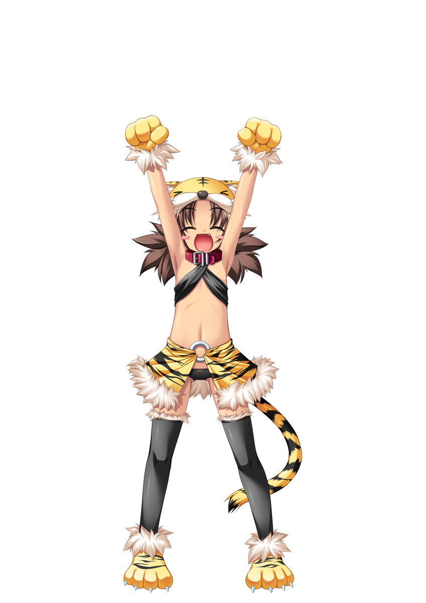 animal_ears armpits arms_up bikini_top black_panties brown_hair closed_eyes collar fake_animal_ears fang flat_chest full_body gloves hat highres koihime_musou kuwada_yuuki long_hair navel open_mouth panties paw_gloves paw_shoes paws shoes skirt smile solo tail thighhighs tora_(koihime_musou) transparent_background twintails underwear