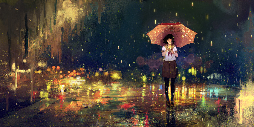 abstract black_hair black_legwear blurry bokeh commentary crosswalk depth_of_field gemi lens_flare lights looking_at_viewer night original pantyhose psychedelic rain reflection ripples road scenery school_uniform serafuku solo street umbrella